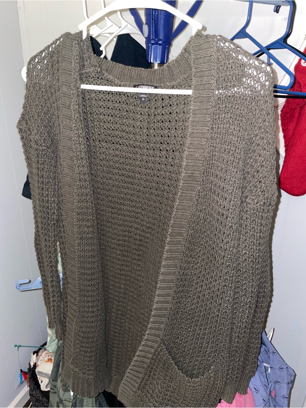 Express Olive Open-Front Crochet Knit Cardigan